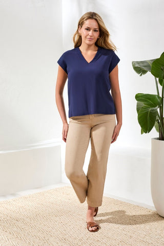 Mixed Media Soft Drape Cap Sleeve V-Neck Top-Nautical