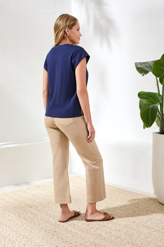 Mixed Media Soft Drape Cap Sleeve V-Neck Top-Nautical