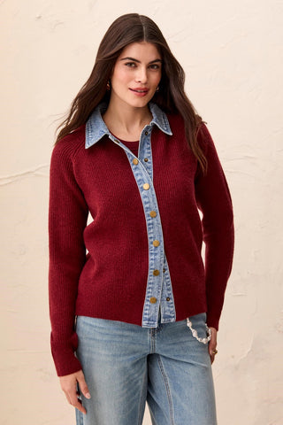 Veste-Chandail En Matières Mixtes Avec Détails En Denim-Cerise