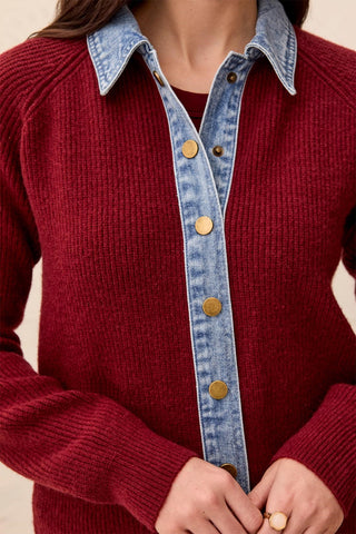 Veste-Chandail En Matières Mixtes Avec Détails En Denim-Cerise