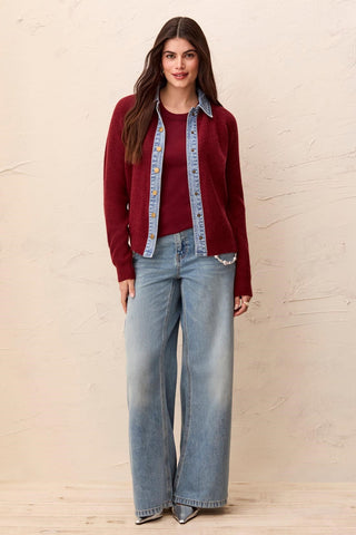 Veste-Chandail En Matières Mixtes Avec Détails En Denim-Cerise