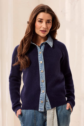 Mixed Media Sweater Jacket With Denim Trim Detail-Nightfall