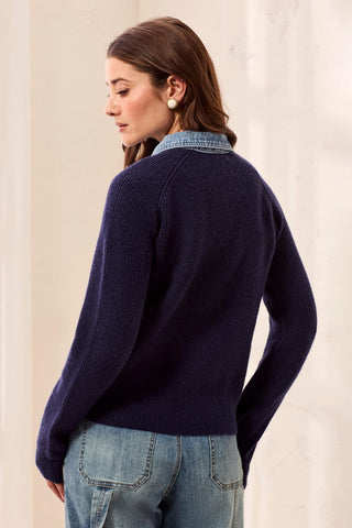 Mixed Media Sweater Jacket With Denim Trim Detail-Nightfall