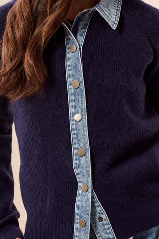 Mixed Media Sweater Jacket With Denim Trim Detail-Nightfall