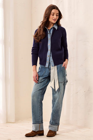 Mixed Media Sweater Jacket With Denim Trim Detail-Nightfall