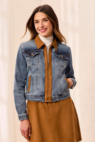 Mixed Media Zip Front Denim Jacket with Suede Trim-Moonlight