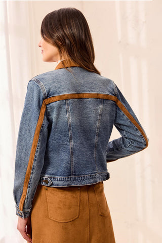 Mixed Media Zip Front Denim Jacket with Suede Trim-Moonlight