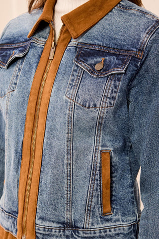 Mixed Media Zip Front Denim Jacket with Suede Trim-Moonlight