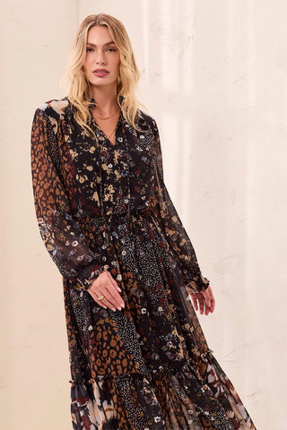 Mixed Print Drama Maxi Dress With Smocked Waist And Tassel-Tie Neck-Rusticbrown