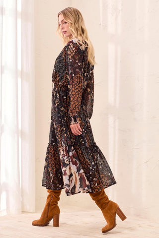 Mixed Print Drama Maxi Dress With Smocked Waist And Tassel-Tie Neck-Rusticbrown