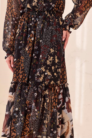 Mixed Print Drama Maxi Dress With Smocked Waist And Tassel-Tie Neck-Rusticbrown