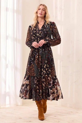 Mixed Print Drama Maxi Dress With Smocked Waist And Tassel-Tie Neck-Rusticbrown