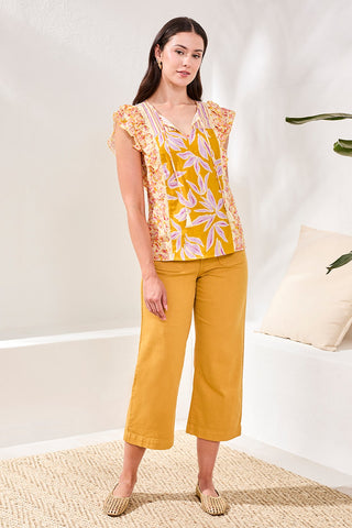 Mixed Print Notch Neck Blouse-Mustard