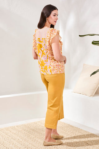Mixed Print Notch Neck Blouse-Mustard