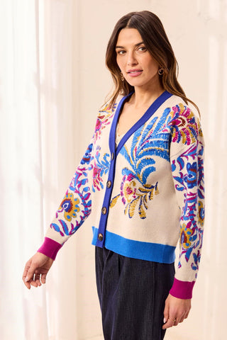 Novelty Jacquard V-Neck Sweater Cardigan-Chantilly