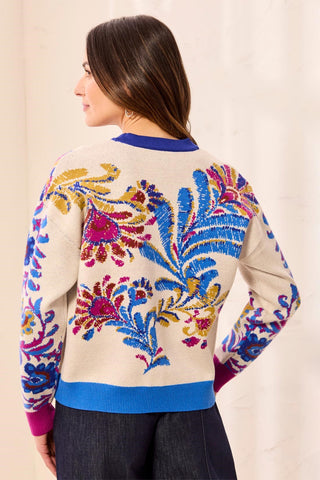 Novelty Jacquard V-Neck Sweater Cardigan-Chantilly