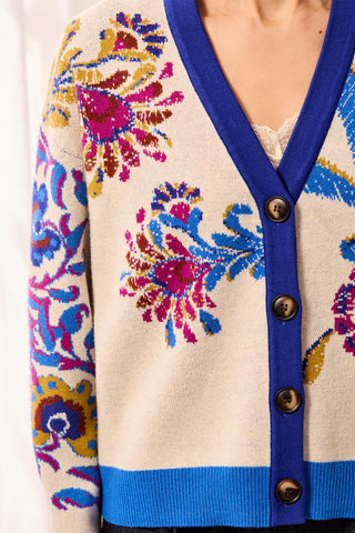 Novelty Jacquard V-Neck Sweater Cardigan-Chantilly