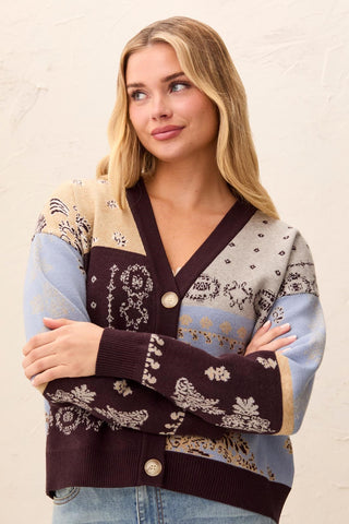 Novelty Jacquard V-Neck Sweater Cardigan-Satinsky