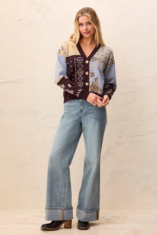 Novelty Jacquard V-Neck Sweater Cardigan-Satinsky
