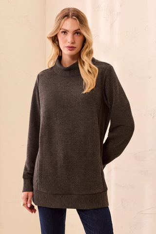Ottoman Rib Mock Neck Tunic Sweater-Charcoal