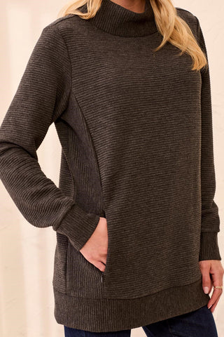 Ottoman Rib Mock Neck Tunic Sweater-Charcoal