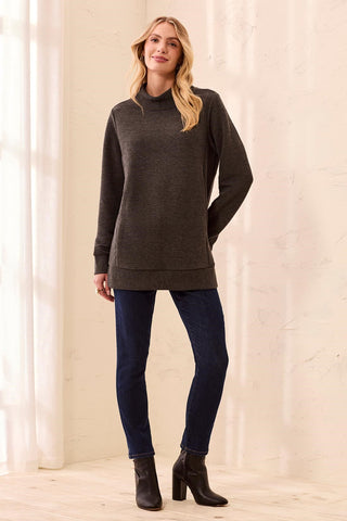 Ottoman Rib Mock Neck Tunic Sweater-Charcoal