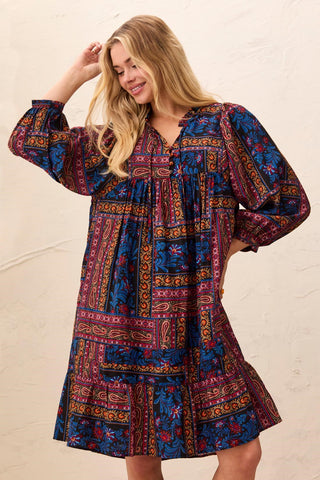 Patchwork Notch-Neck Empire Waist Dress With Puff Sleeves-Sharpblue