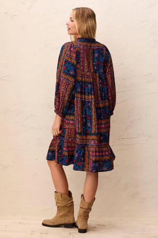 Patchwork Notch-Neck Empire Waist Dress With Puff Sleeves-Sharpblue
