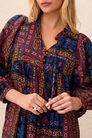 Patchwork Notch-Neck Empire Waist Dress With Puff Sleeves-Sharpblue