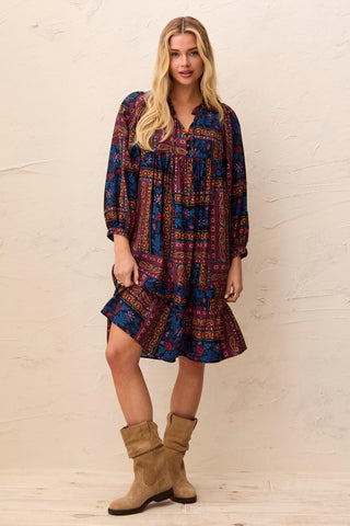 Patchwork Notch-Neck Empire Waist Dress With Puff Sleeves-Sharpblue