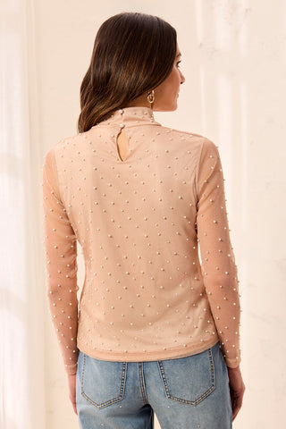 Pearl Embellished Mesh Mock Neck Top-Pearl