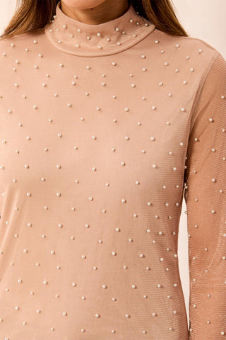Pearl Embellished Mesh Mock Neck Top-Pearl