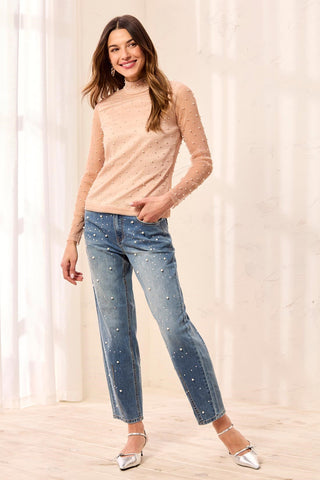 Pearl Embellished Mesh Mock Neck Top-Pearl