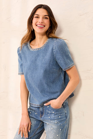 Haut En Denim À Manches Bouffantes Et Bordure Perlée-Nuit étoilée