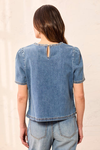 Haut En Denim À Manches Bouffantes Et Bordure Perlée-Nuit étoilée