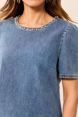 Haut En Denim À Manches Bouffantes Et Bordure Perlée-Nuit étoilée