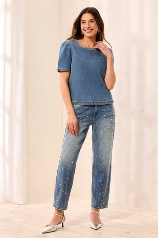 Haut En Denim À Manches Bouffantes Et Bordure Perlée-Nuit étoilée