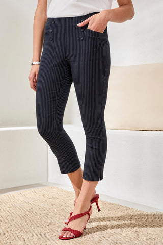 Pinstripe Stretch Bengaline Pull-On Capri-Jet blue
