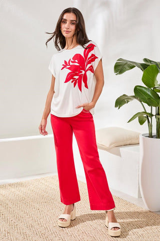 Floral Appliqué Cap Sleeve Top-Sea pearl