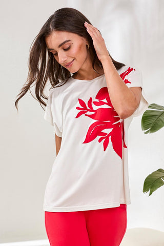 Floral Appliqué Cap Sleeve Top-Sea pearl