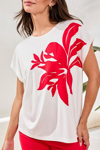 Floral Appliqué Cap Sleeve Top-Sea pearl