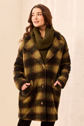 Plaid Cocoon Button Front Structured Coat-Saddlebrown