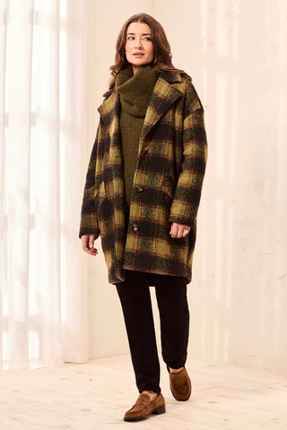 Plaid Cocoon Button Front Structured Coat-Saddlebrown