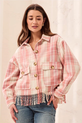 Plaid Fringe-Detail Shacket with Button Front-Nostalgia