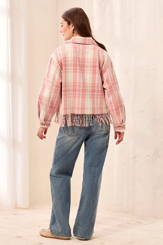 Plaid Fringe-Detail Shacket with Button Front-Nostalgia