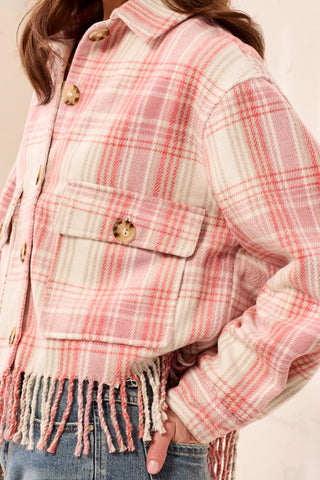 Plaid Fringe-Detail Shacket with Button Front-Nostalgia