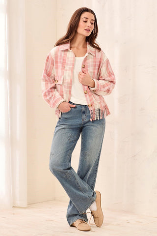 Plaid Fringe-Detail Shacket with Button Front-Nostalgia