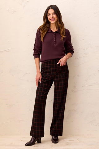 Plaid Sculpt Stretch Wide Leg Button Front Ankle Pants-Black