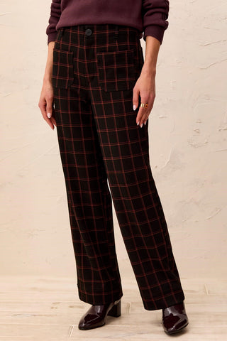 Plaid Sculpt Stretch Wide Leg Button Front Ankle Pants-Black