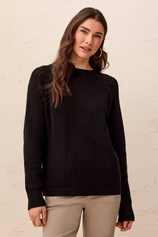 Pointelle Button-Back Long Sleeve Sweater-Black